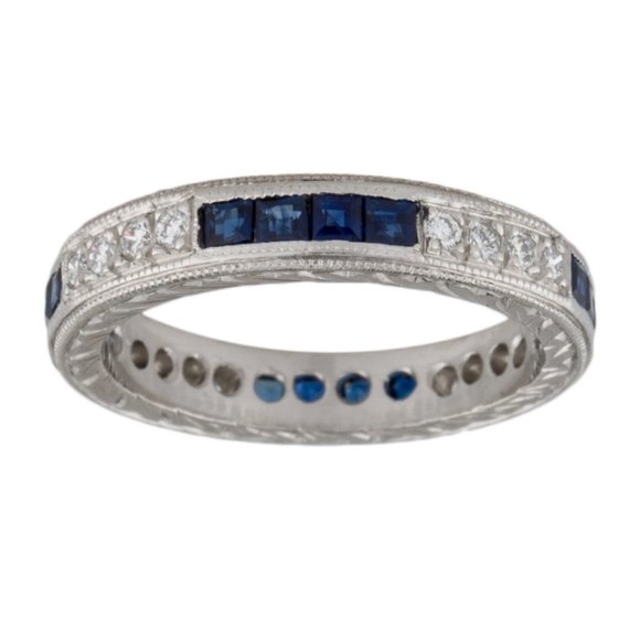 PLATINUM SAPPHIRE & DIAMOND ETERNITY BAND RING - Picture 6 of 8